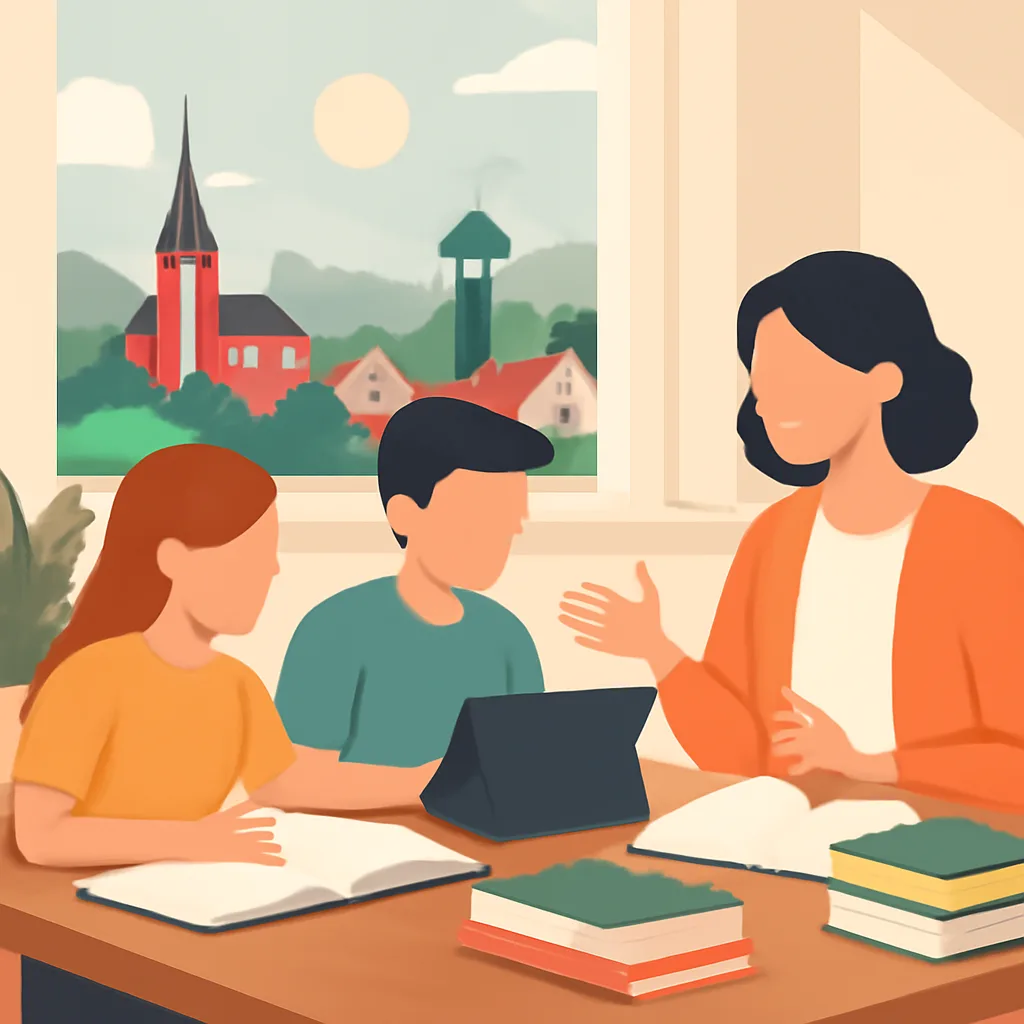 Korepetitorių pamoka Varėnoje, moderni edukacinė iliustracija su miesto nuotaika