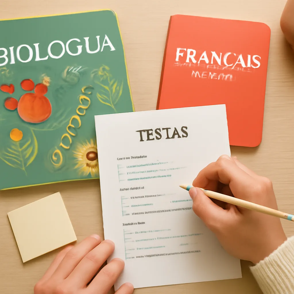 Mokinys ruošiasi testui su biologijos ir prancūzų kalbos knygomis, užrašais ir užduotimis ant švaraus stalo