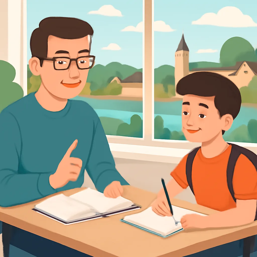 Modernus edukacinis iliustracinis paveikslėlis su korepetitoriumi ir mokiniu Prienuose