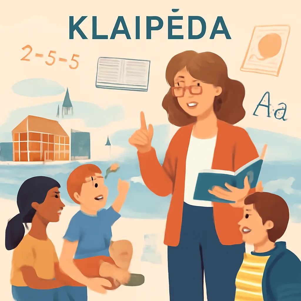 Korepetitoriai Klaipėdoje – draugiškas mokytojas ir vaikai mokosi prie jūros simbolių fone