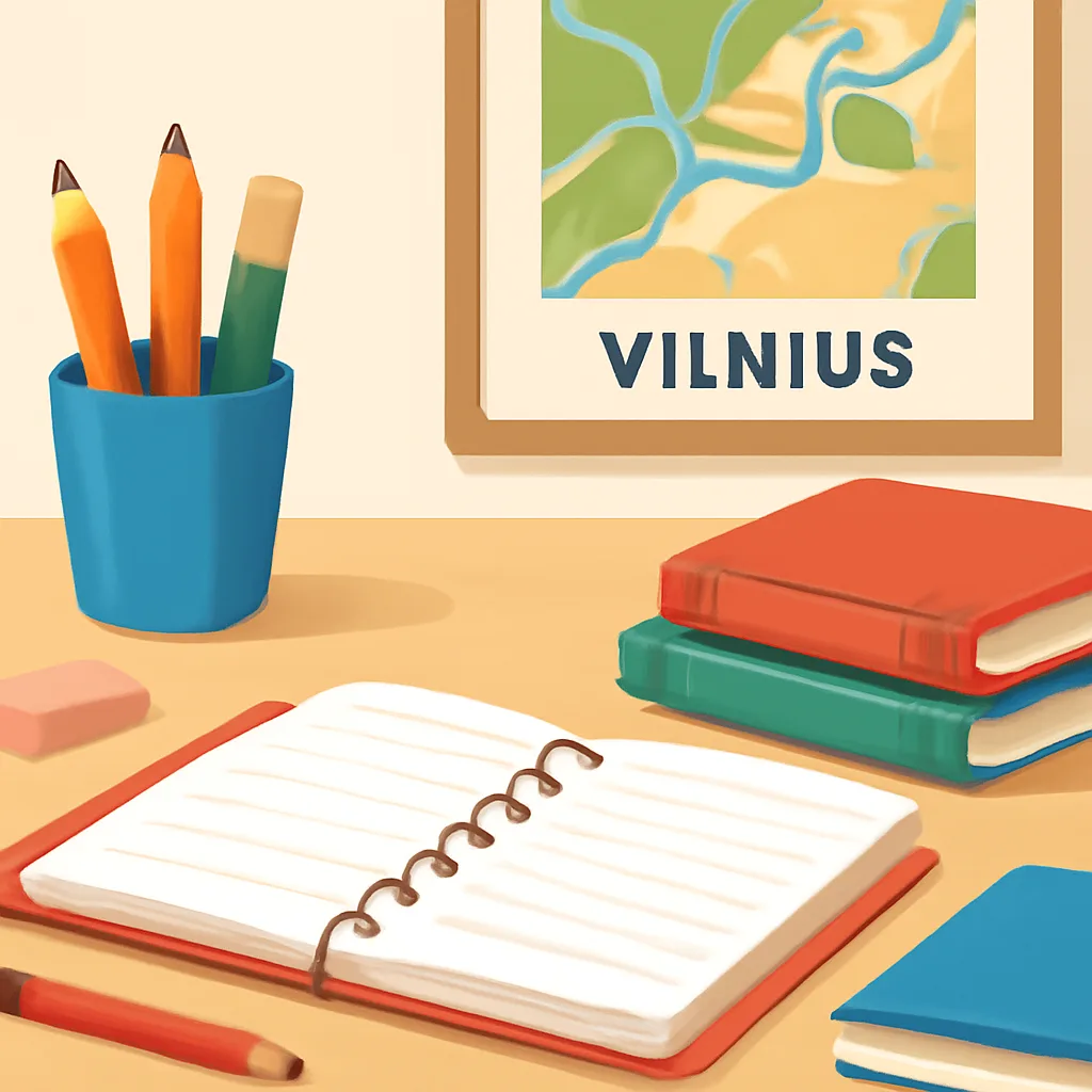 Šiuolaikiškas edukacinis paveikslėlis su Vilniaus tematika, korepetitorių pamokų motyvas