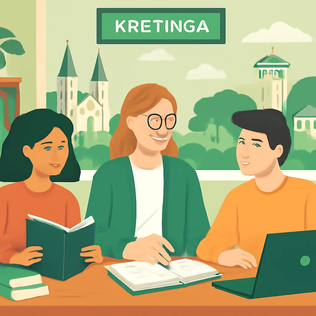 Draugiška iliustracija, vaikai ir korepetitorius mokosi Kretingos mieste