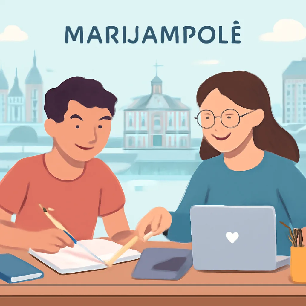 Korepetitoriaus pamoka Marijampolėje, mokinys ir mokytojas draugiškai mokosi prie stalo, miestas fone